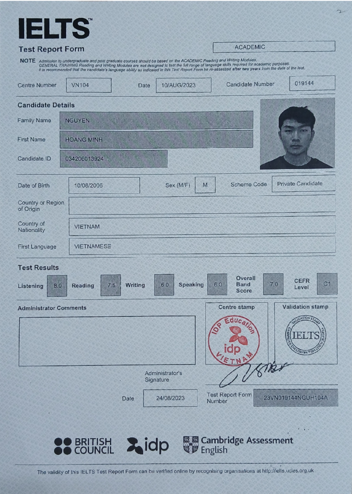 IELTS Test Report Form - Academic Module Results (VN104) - Studocu