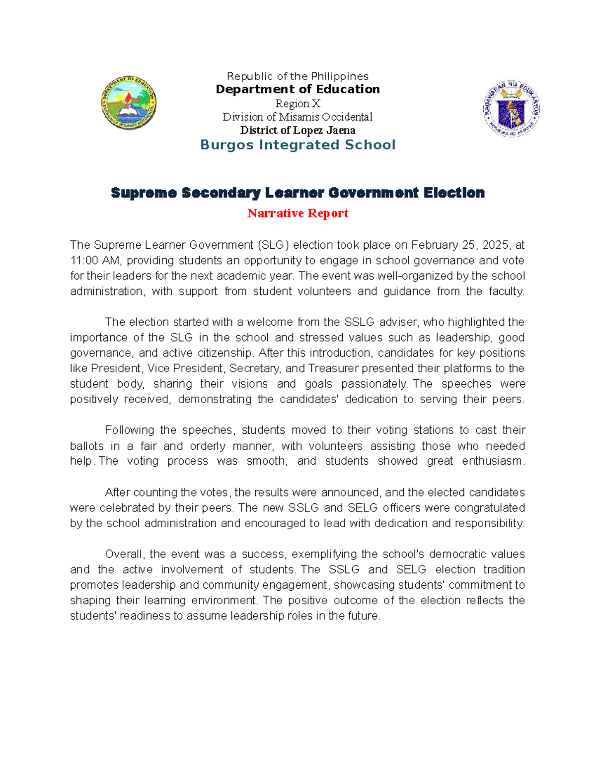 SLG Election Narrative Report - SSLG-ACC. 2025 - Studocu