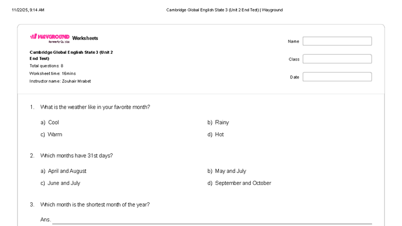 Cambridge Global English State 3 (Unit 2 End Test) Worksheets - Studocu