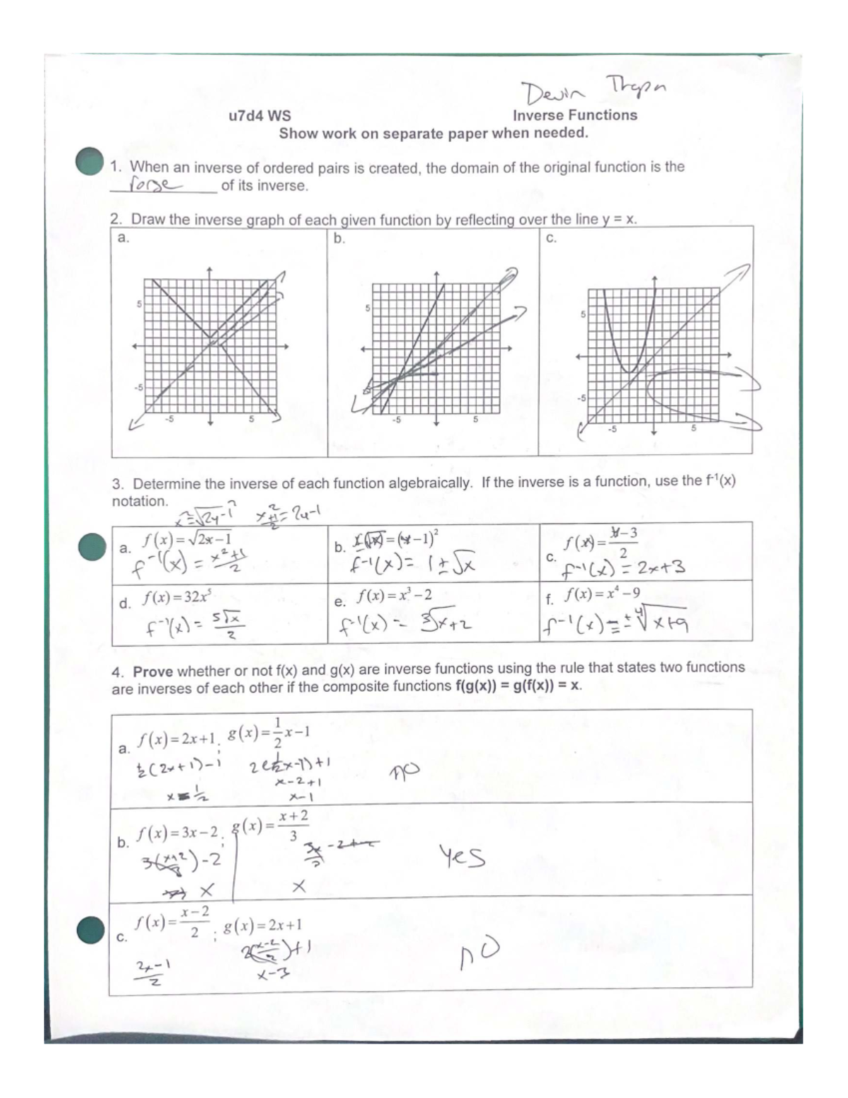 U7D4 WS - Inverse Functions Practice and Graphing Guide - Studocu