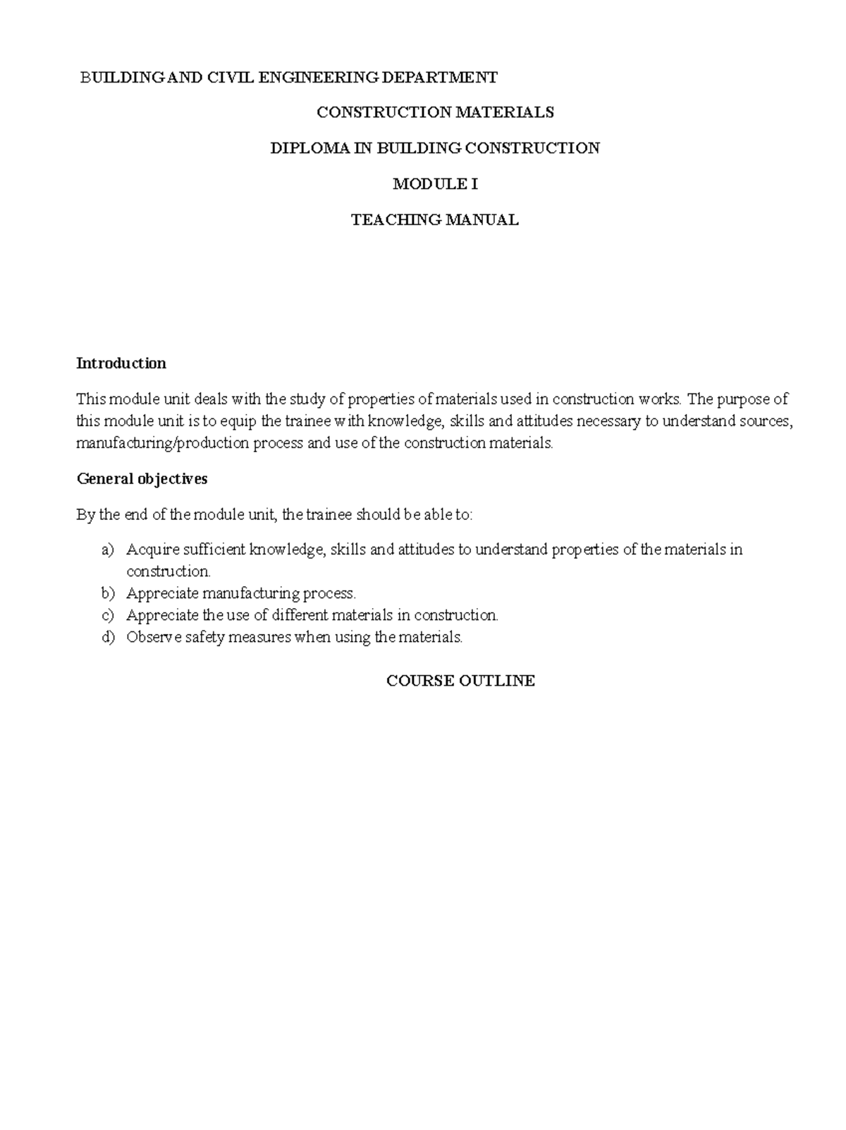 Diploma in Building Construction - Module I: Construction Materials ...