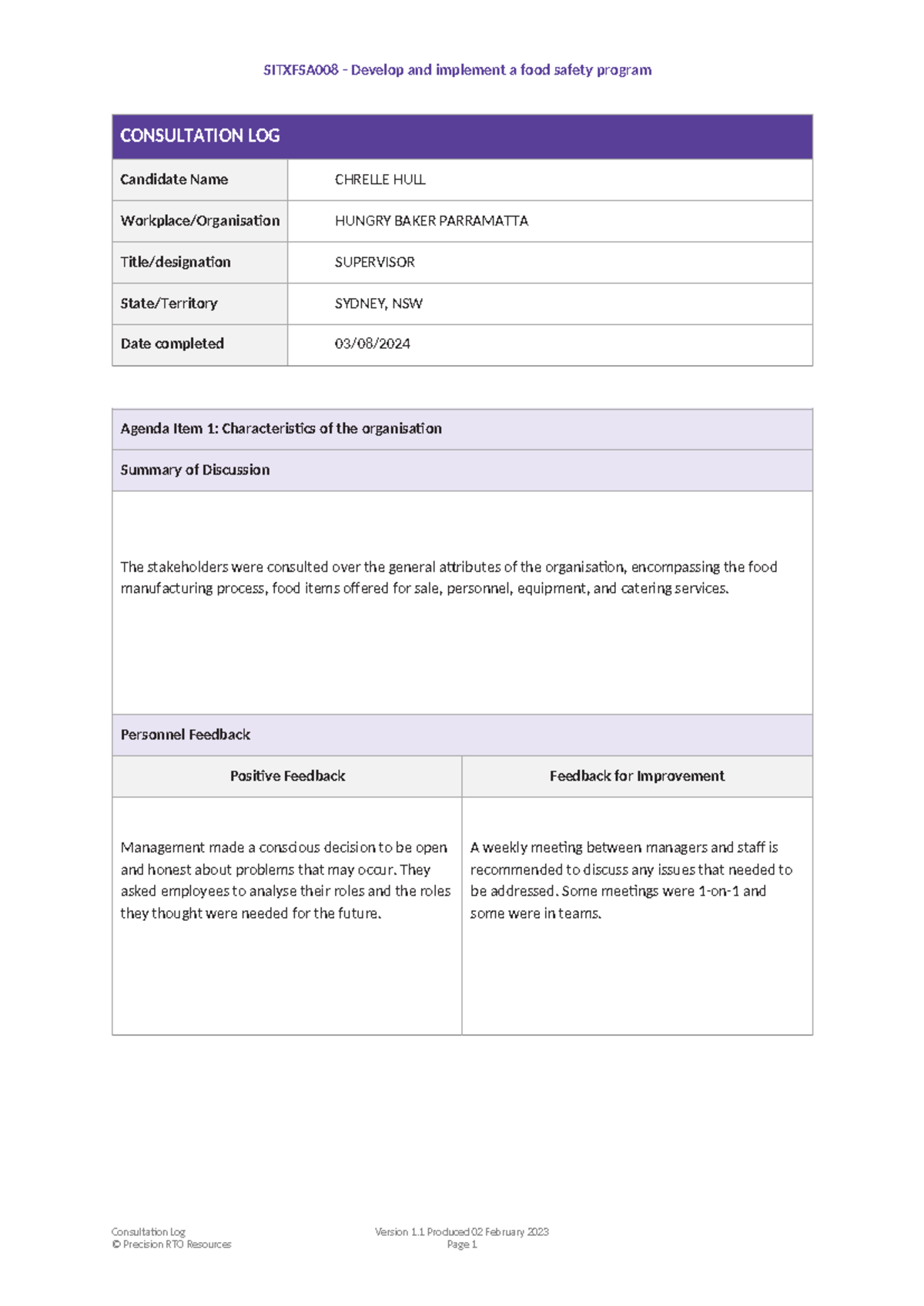 SITXFSA008 Food Safety Program Consultation Log - Candidate CHRELLE ...