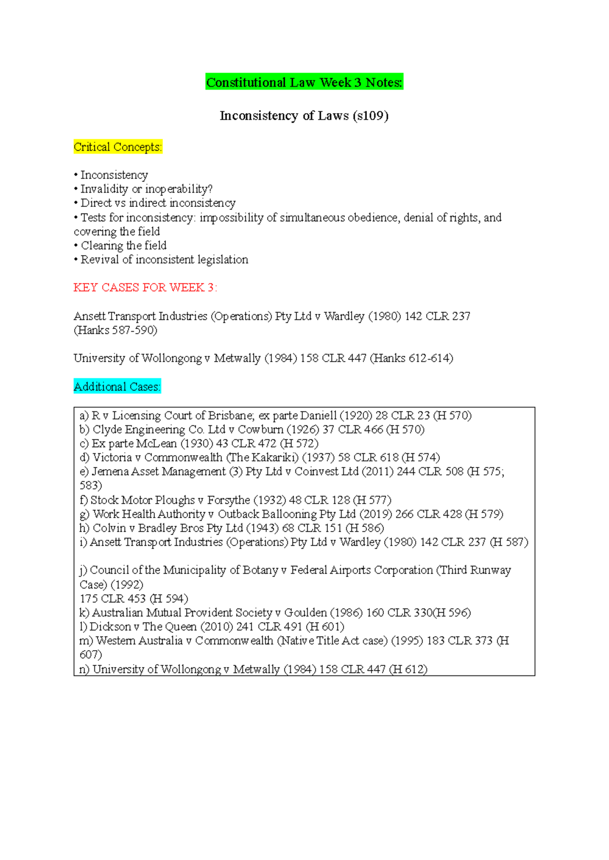 Constitutional Law (LAW101) Week 3 Notes: Inconsistency of Laws (s109 ...