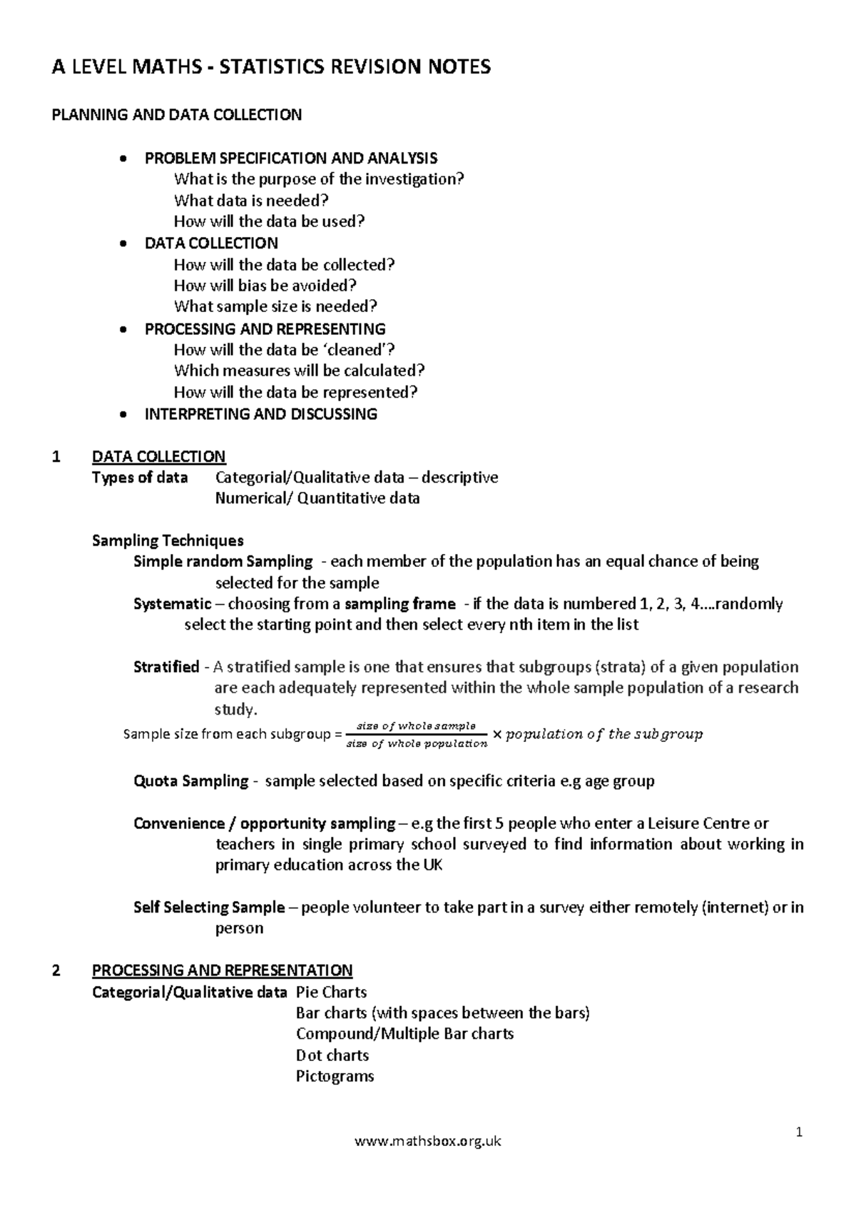 A Level Statistics Revision Notes - Data Collection & Analysis - Studocu