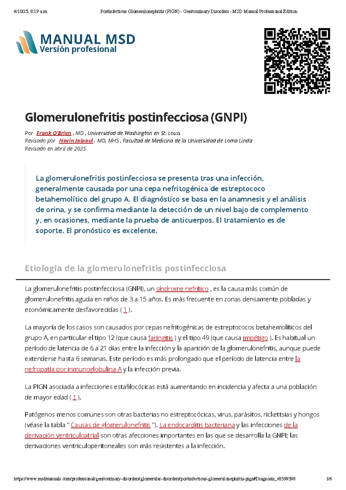 PIGN: Glomerulonefritis Postinfecciosa - Manual MSD Profesional - Studocu