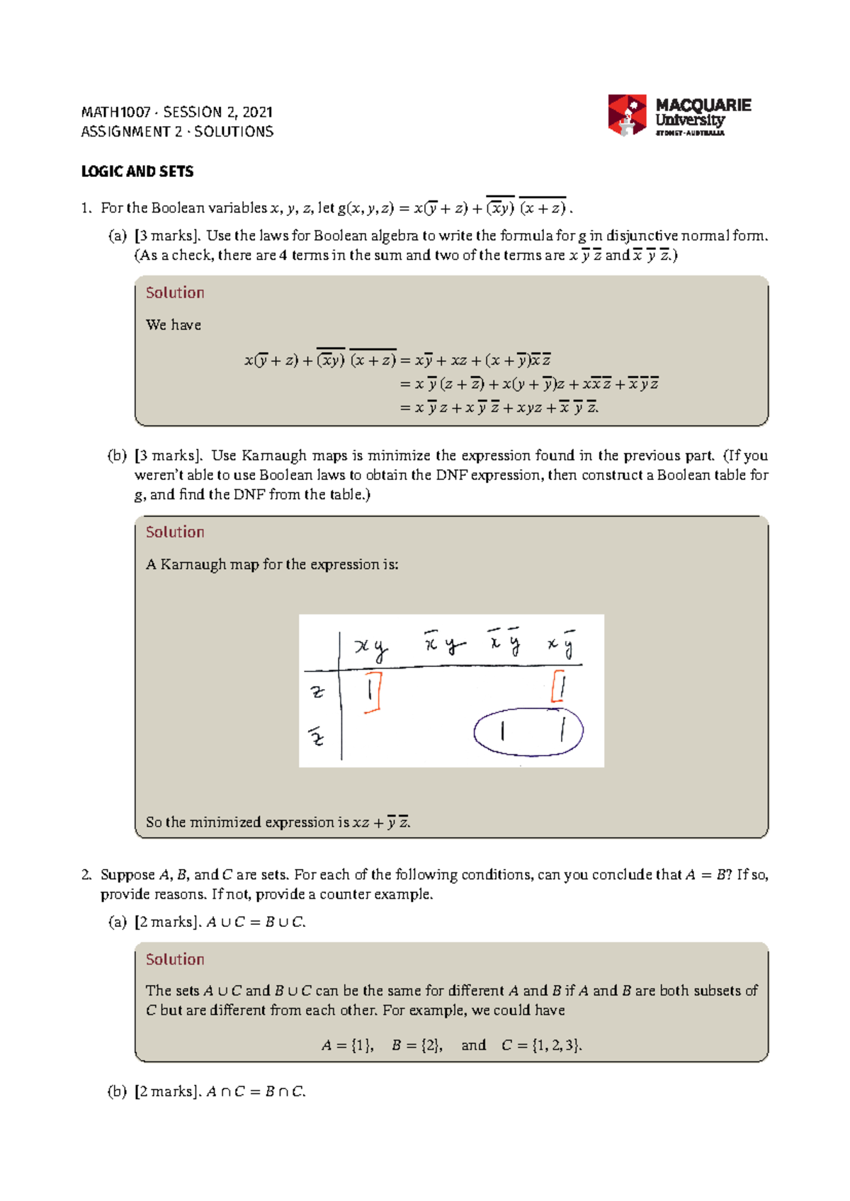 MATH1007 Assignment 2 Solutions: Logic, Sets, and Sequences Analysis ...