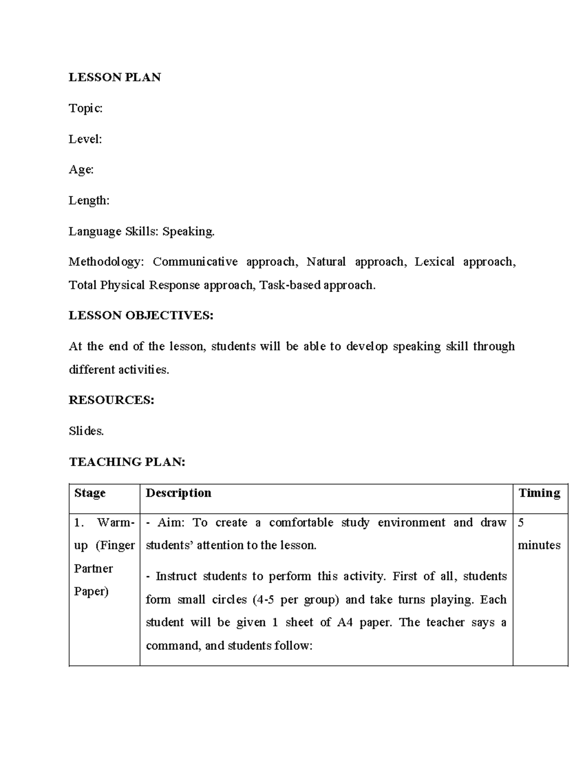 Lesson Plan: Speaking Skills Development Activities - Studocu