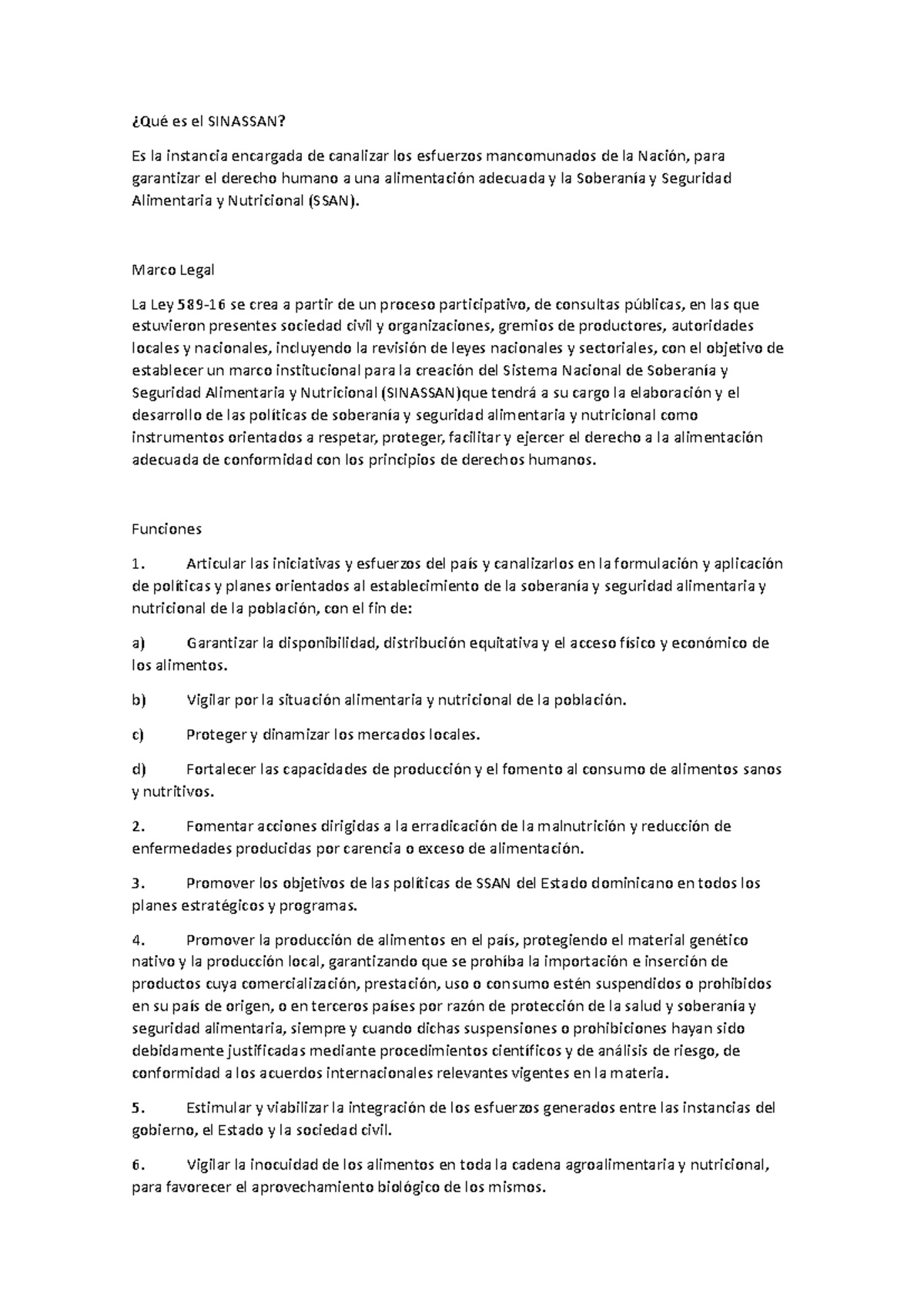 Sistema Nacional de Soberanía y Seguridad Alimentaria (SINASSAN) - Studocu