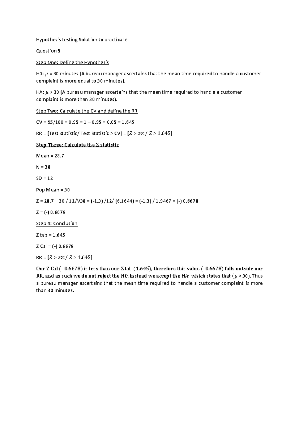 Hypothesis Testing Solutions for Practical 6: Question 5 Insights - Studocu