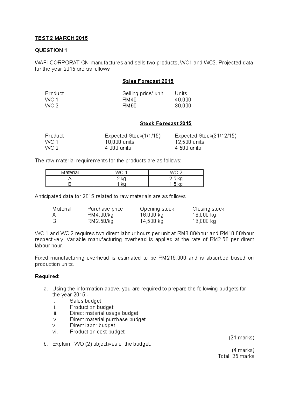 MAF201 - TEST 2 March 2015 - Cost and management accounting 1 - UiTM ...