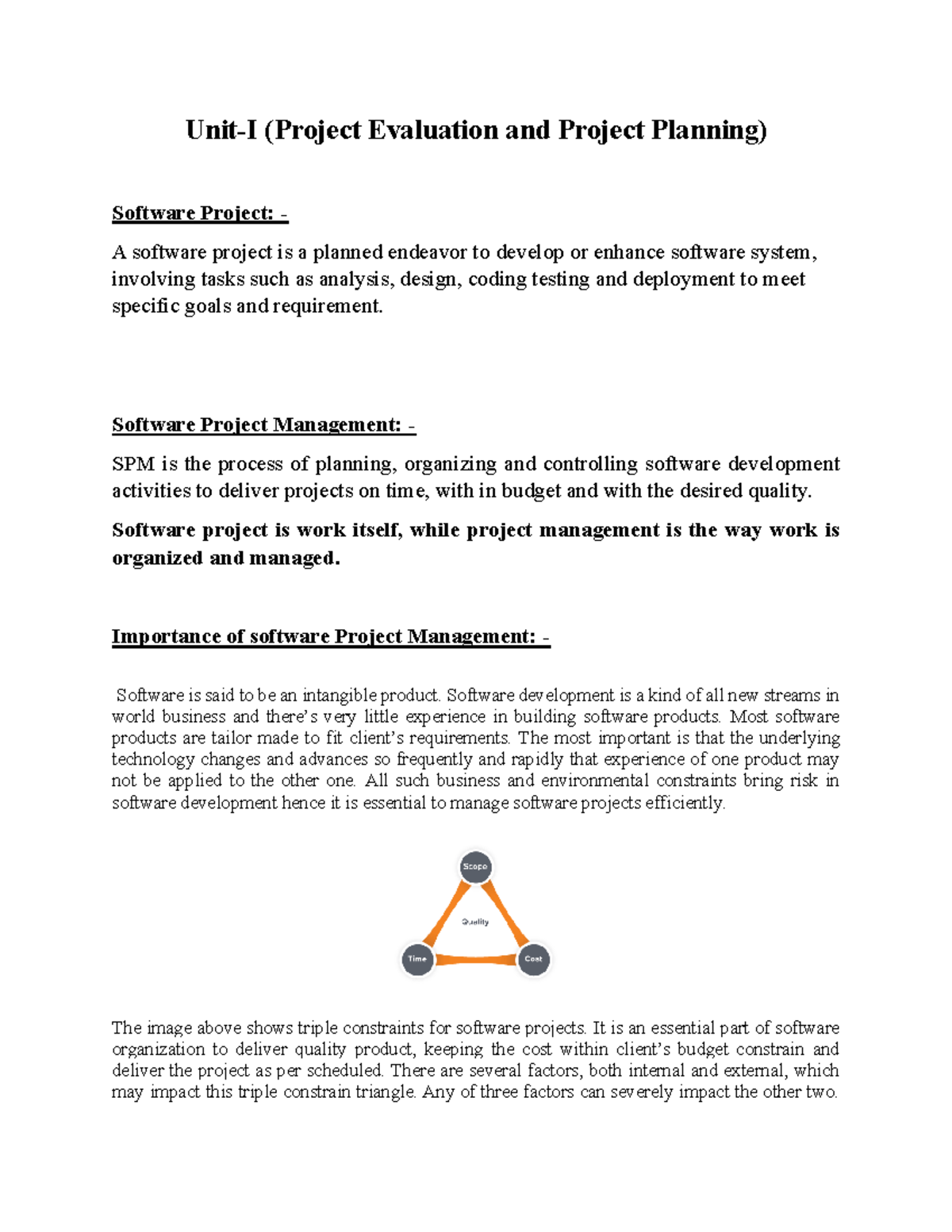 SPM Unit 1: Project Evaluation and Planning Fundamentals - Studocu