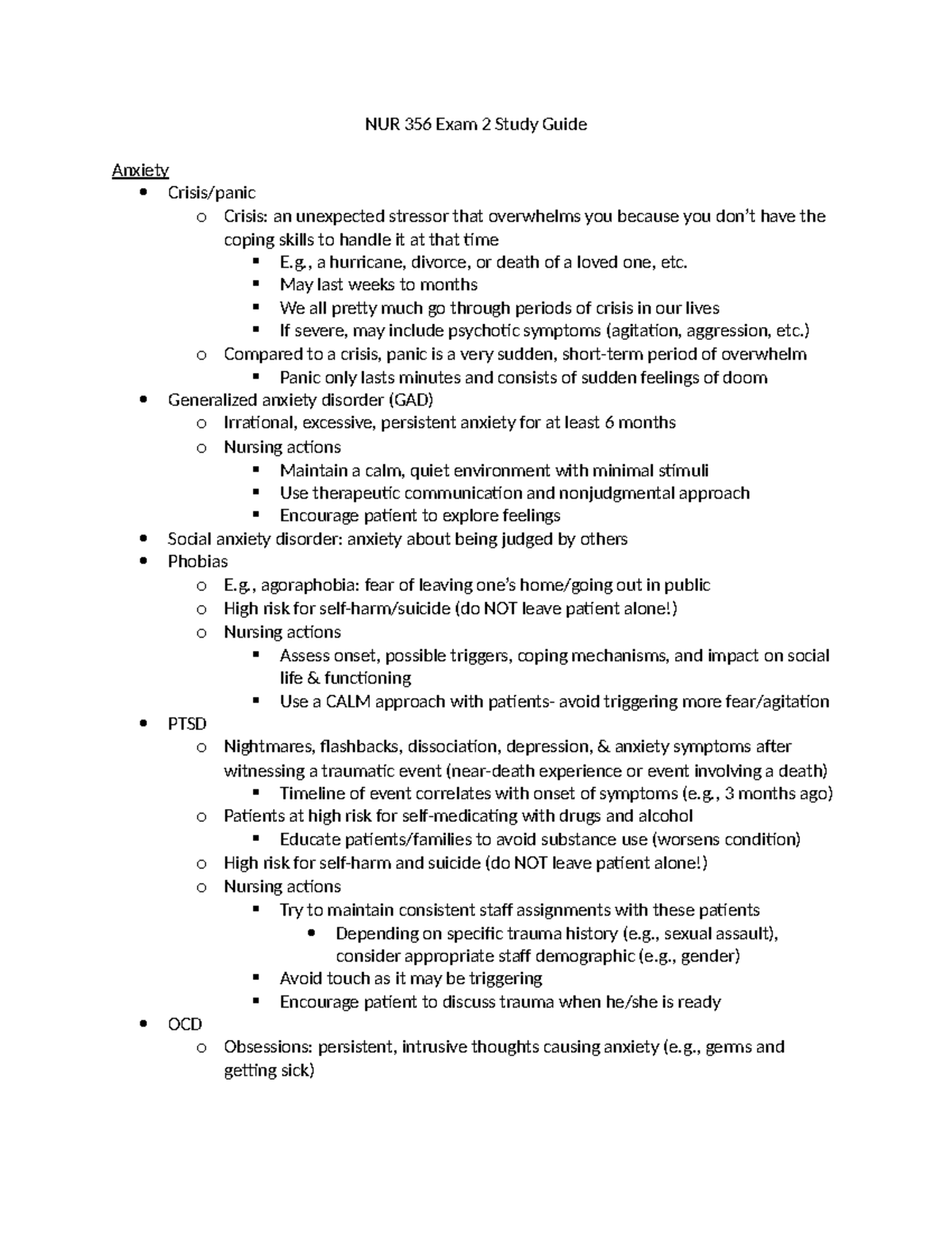 NUR 356 Exam 2 Study Guide - NUR 356 Exam 2 Study Guide Anxiety Crisis ...