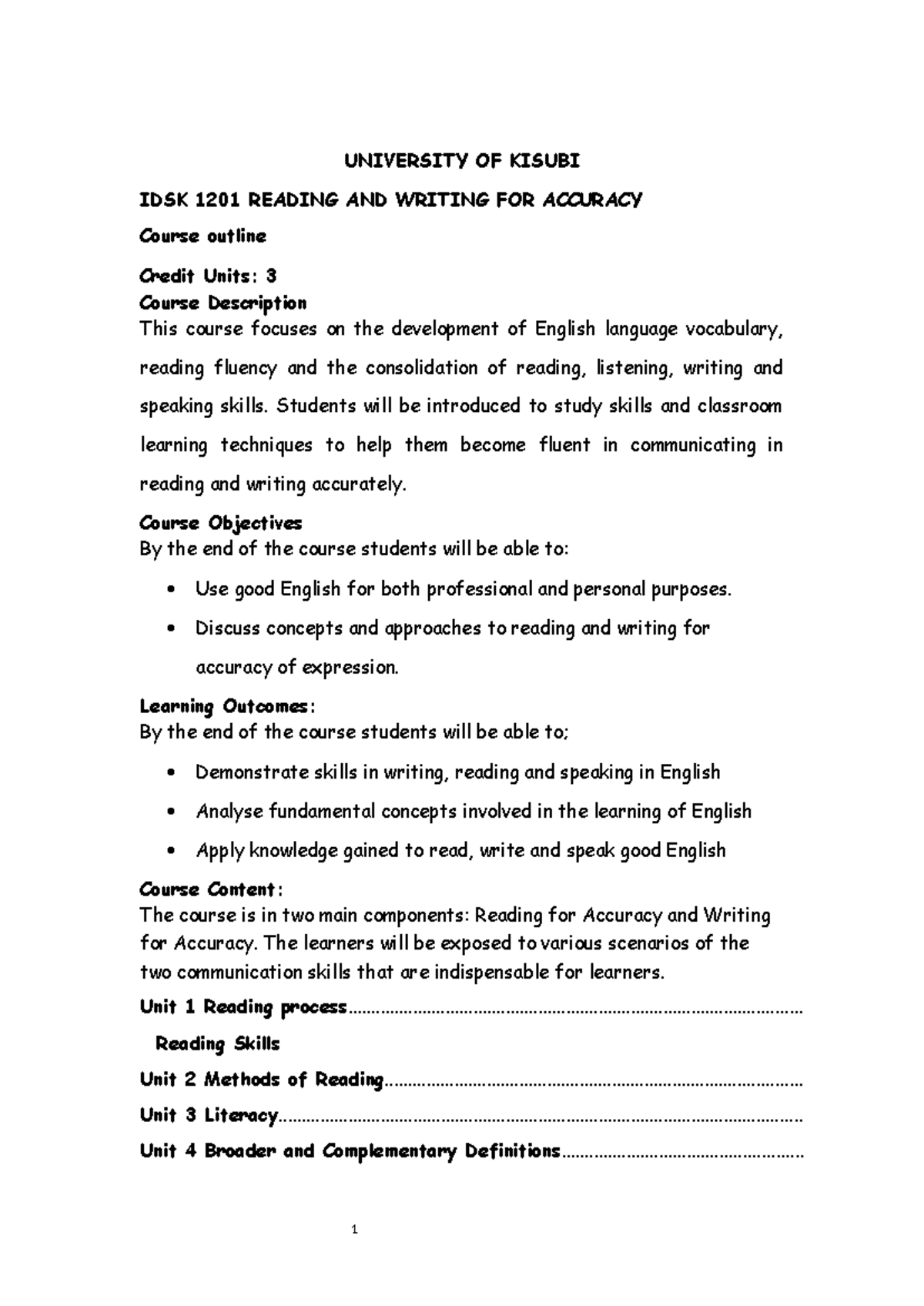 Uni K IDSK 1201 Reading & Writing for Accuracy Course Outline Jan-May ...