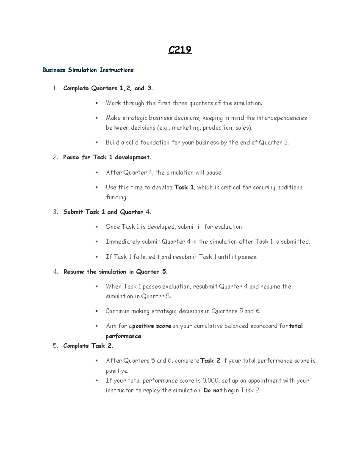 C219 Business Simulation: Instructions for Quarters 1-6 and Tasks - Studocu