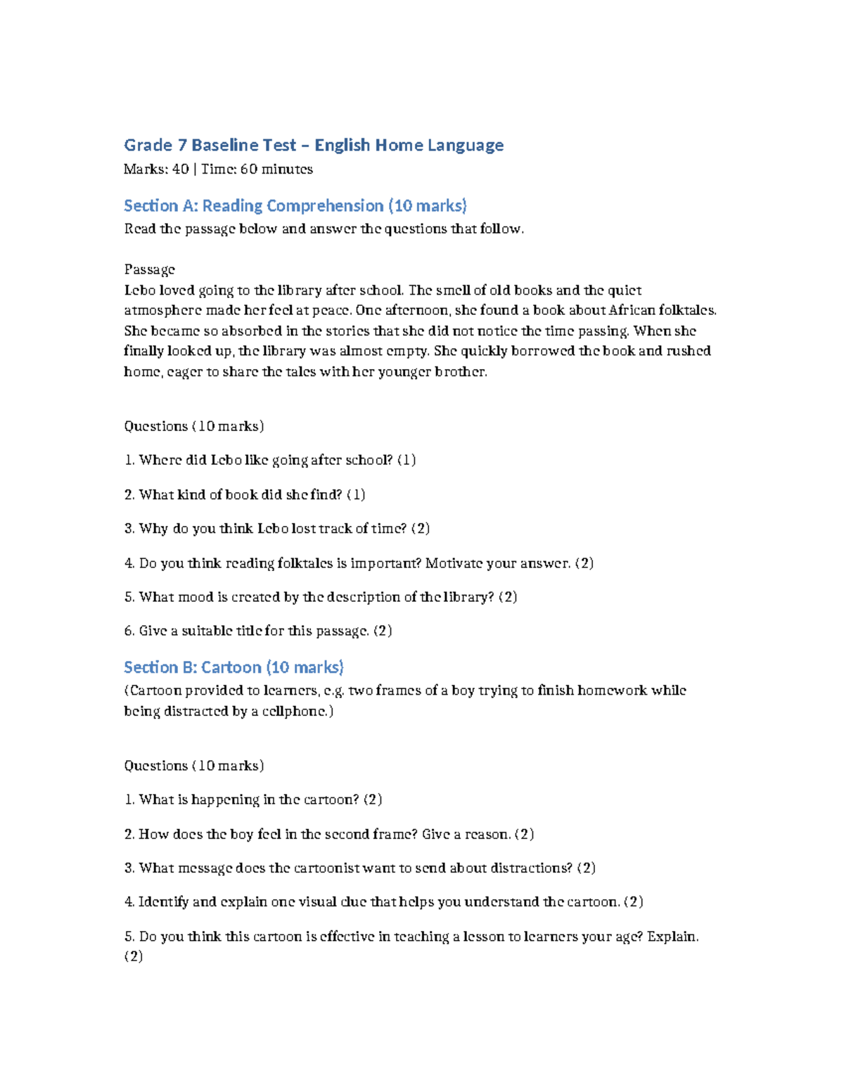 Grade 7 Baseline Test: English Home Language Assessment - Studocu