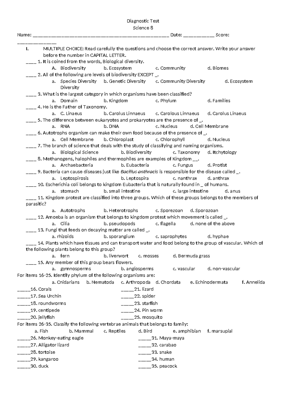 Diagnostic Test: Science 8 - 4th Periodic Exam Questions - Studocu