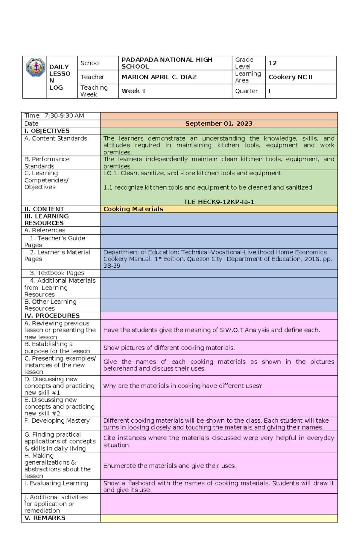 DAILY LESSON LOG: Week 1 - Cookery NC II (Sept 2023) - Studocu