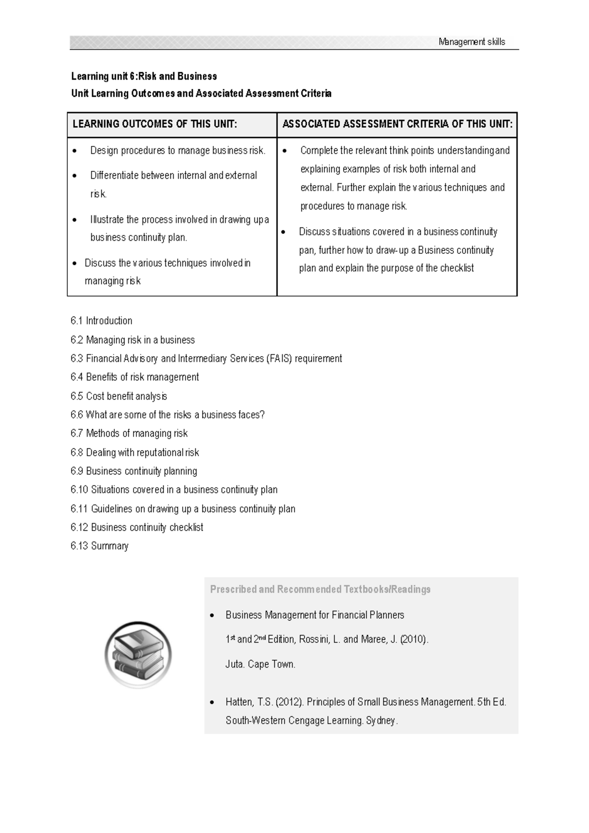 Learning unit 6 Risk and Business - Management skills Learning unit 6 ...