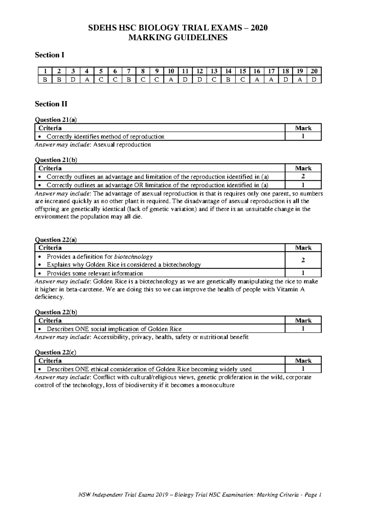 2020 Trials HSC Bio - Marking criteria - SDEHS HSC BIOLOGY TRIAL EXAMS ...