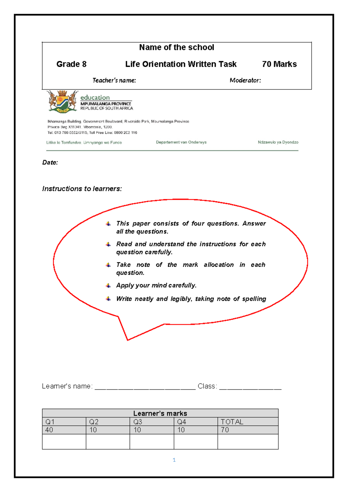 Life Orientation Exemplar Task 1: Grade 8 ED1 (70 Marks) - Studocu