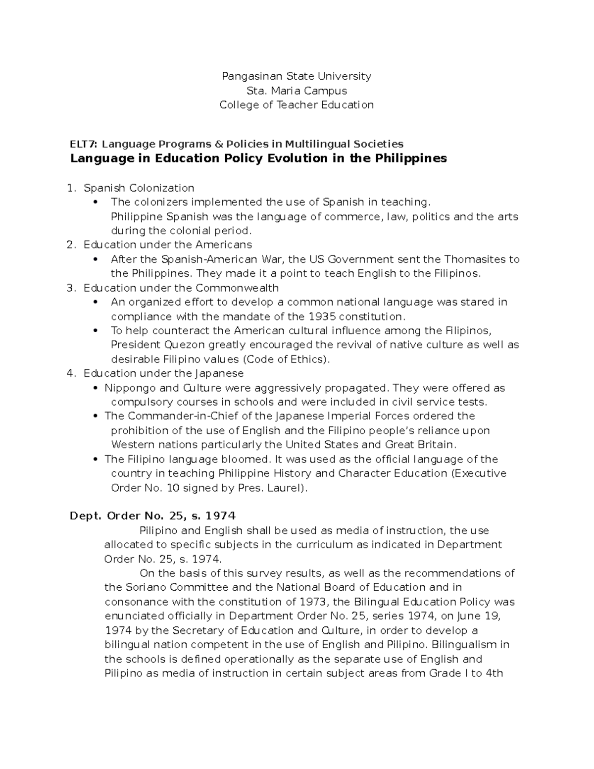 ELT7 - Language in Education Policy Evolution in the Philippines - Studocu