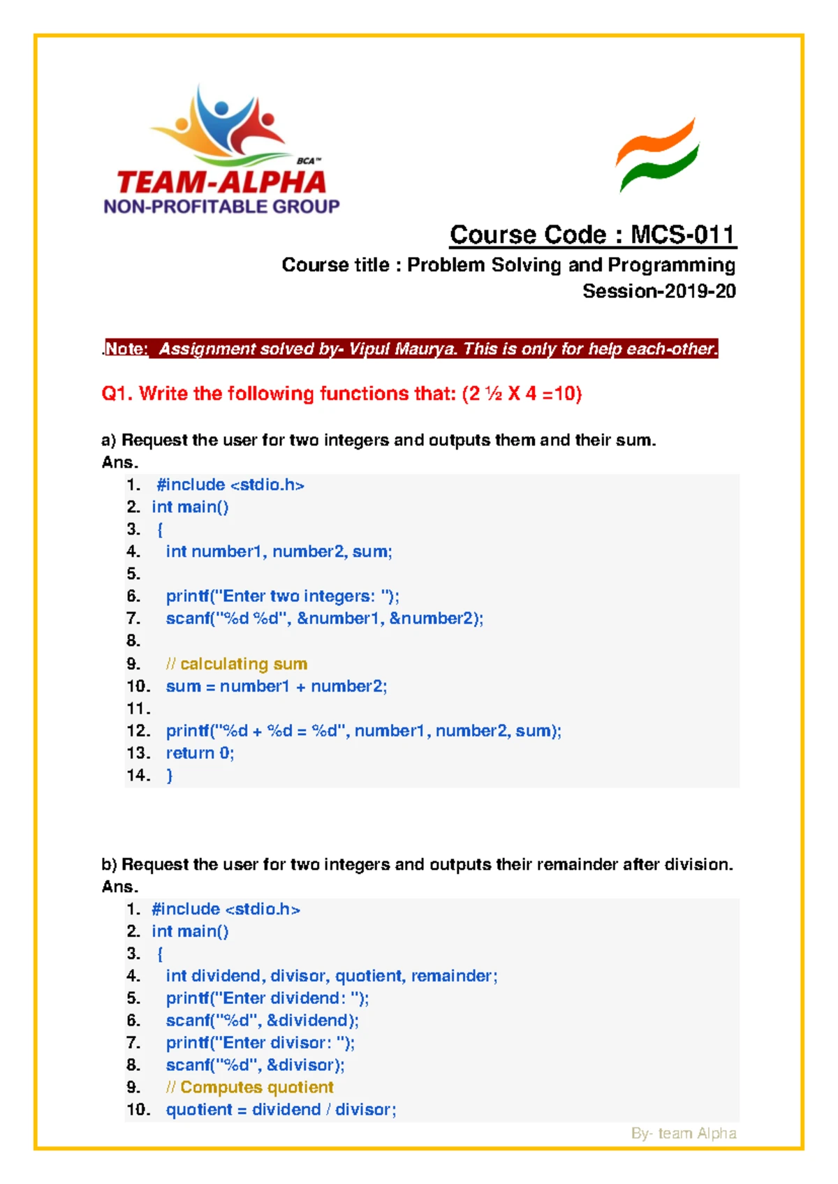 MCS-011 (2022-23) solved assignment - Problem Solving and Programming ...