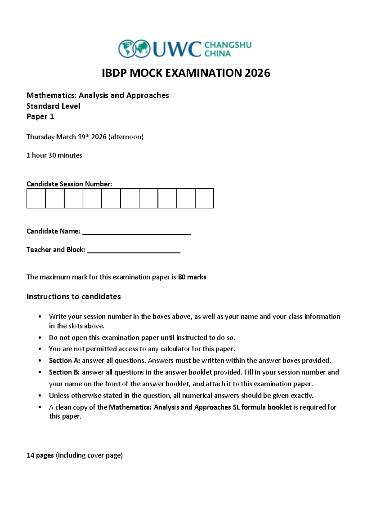2026 IBDP Mock Exam: Mathematics Analysis & Approaches SL Paper 1 - Studocu
