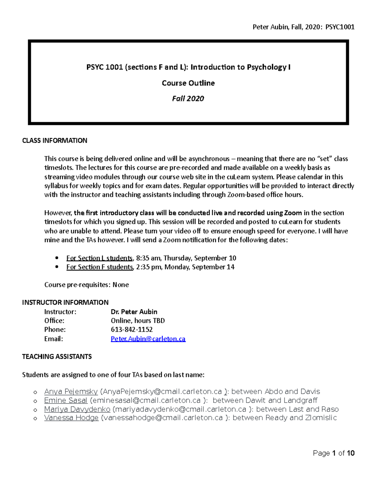 PSYC 1001 F and L: Introduction to Psychology Syllabus Fall 2020 - Studocu