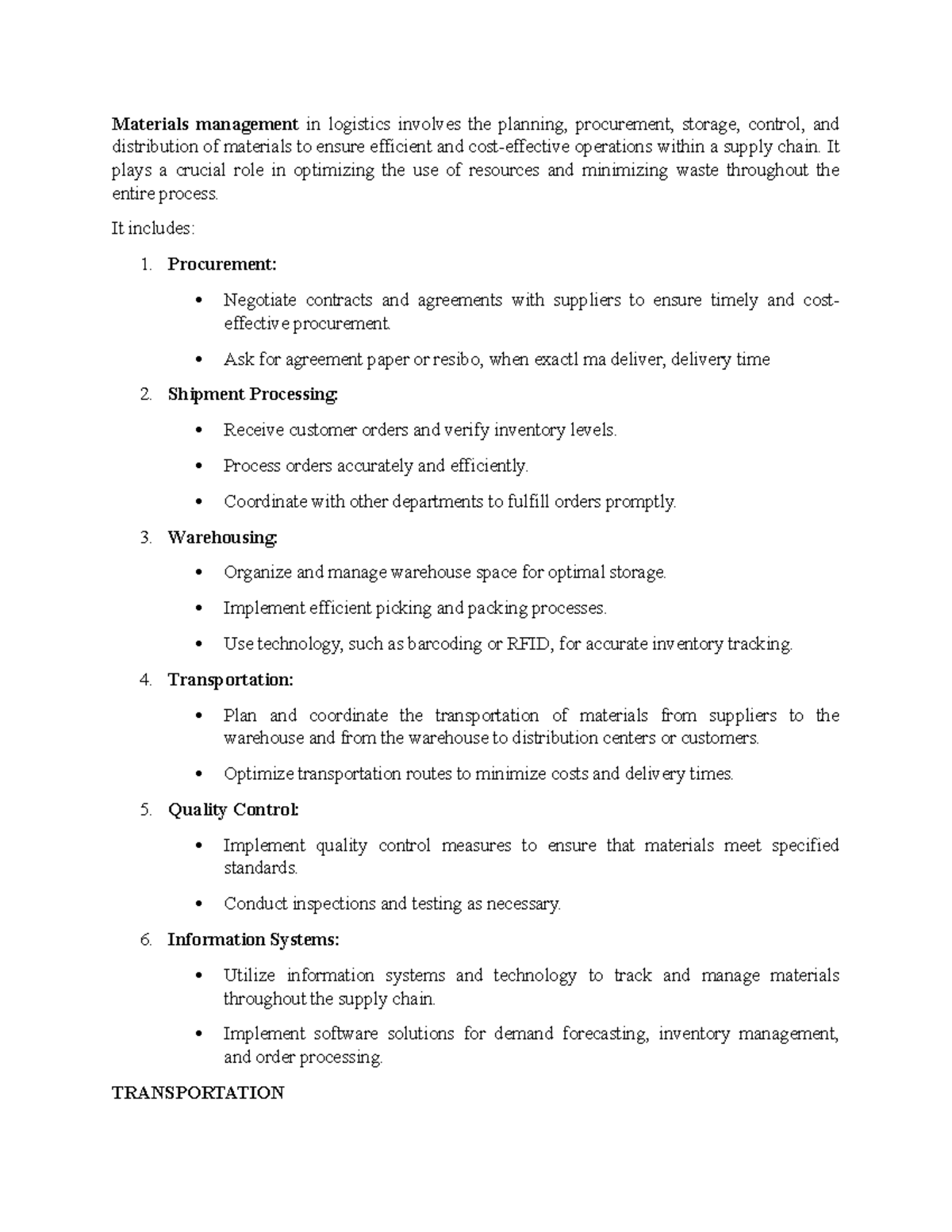 Logistics PLAN - For noted and guide for studying. - Materials ...
