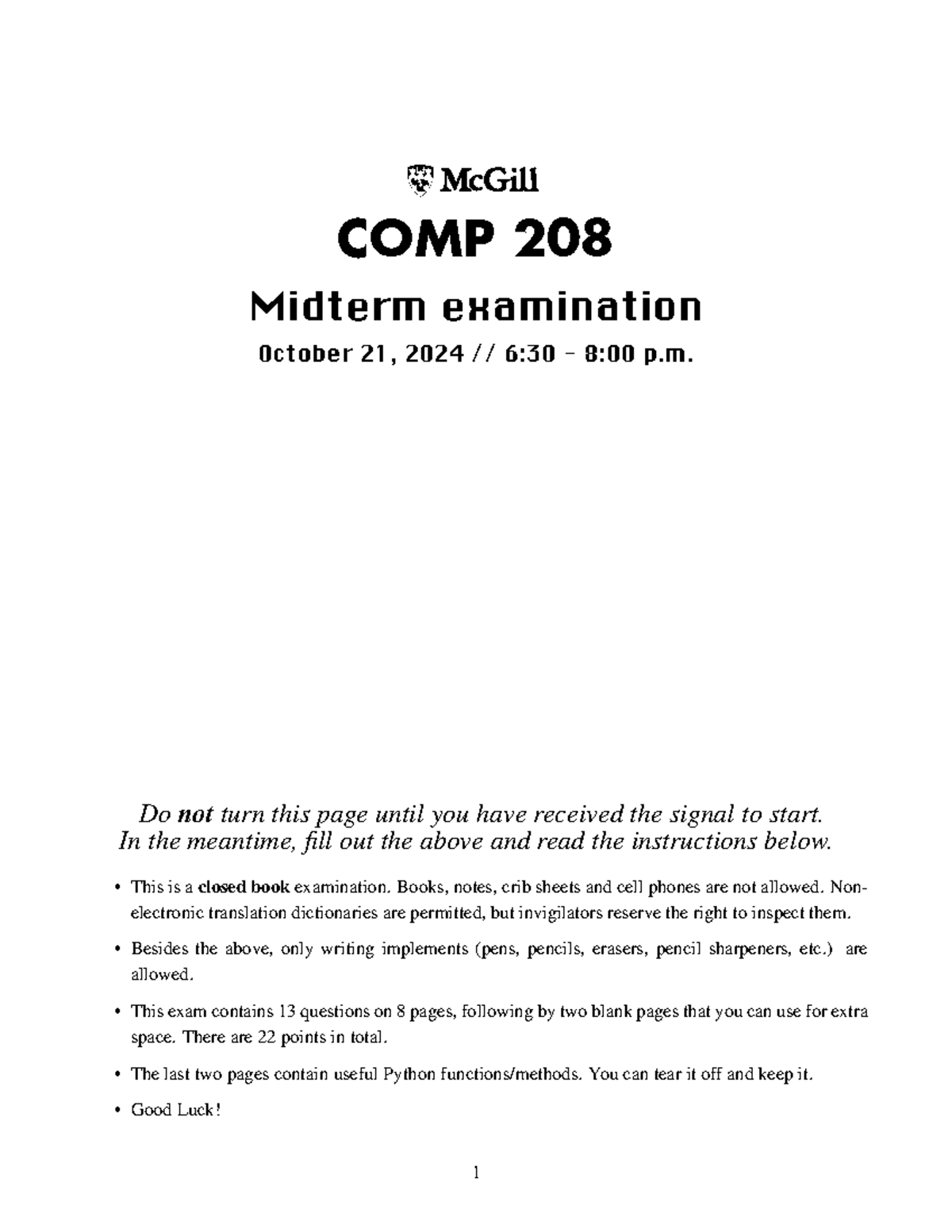 COMP208 Fall2024 Midterm - COMP 208 Midterm examination October 21 ...