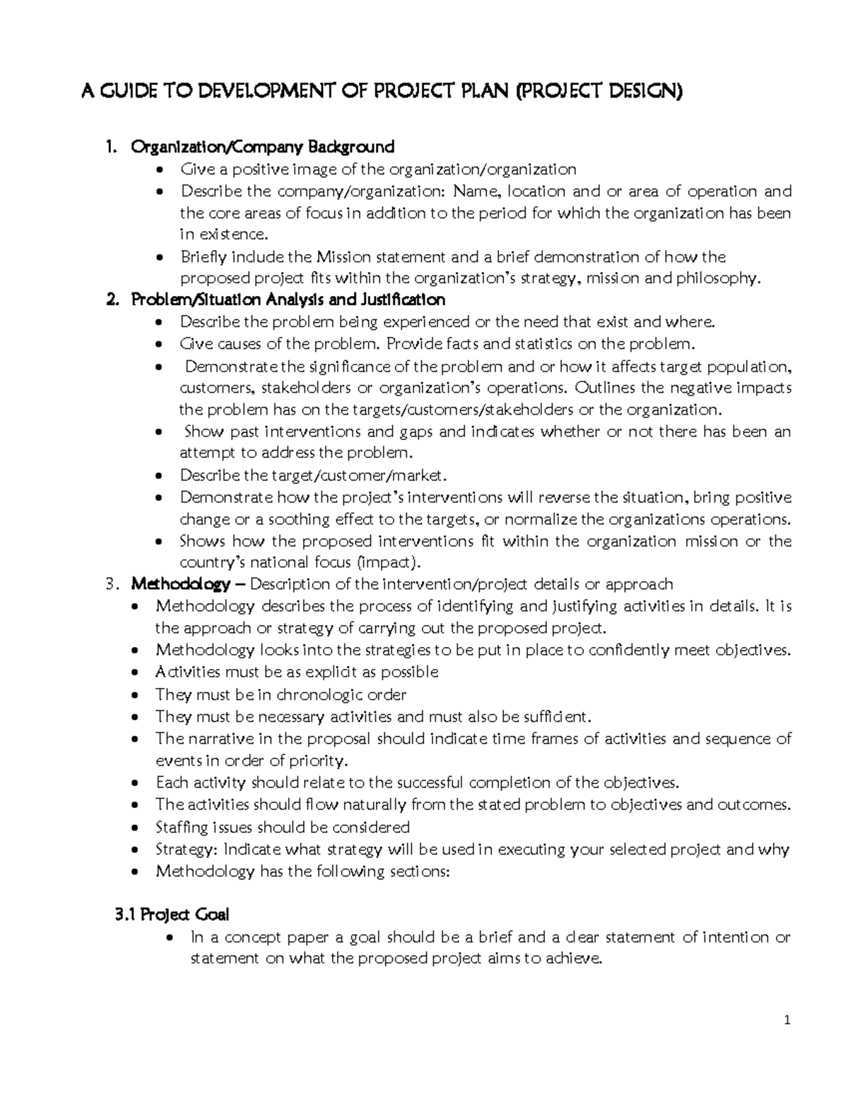 Guidelines for Development of a Project Plan (Project Design) - Studocu