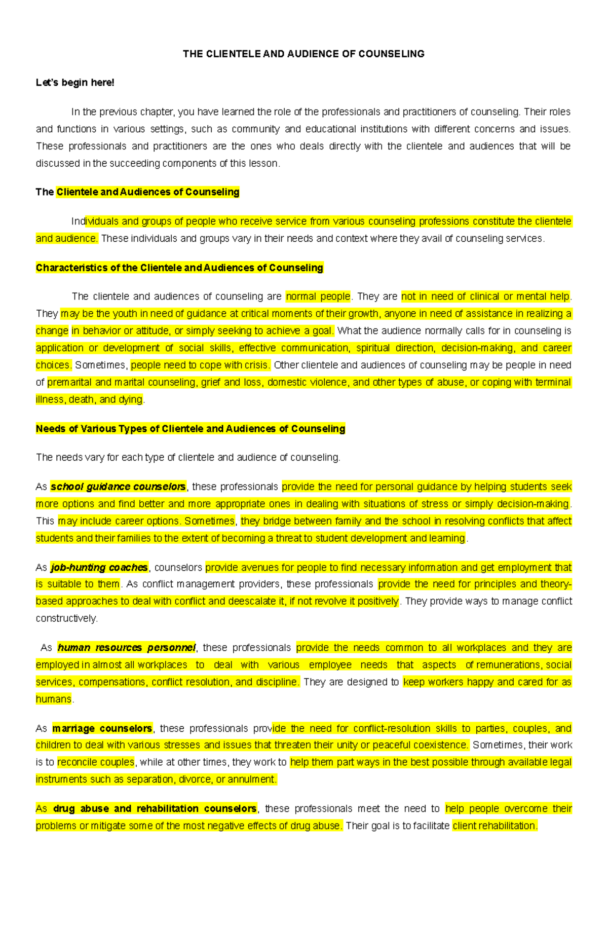 Diass Lesson 5: Understanding Clientele and Audiences in Counseling ...