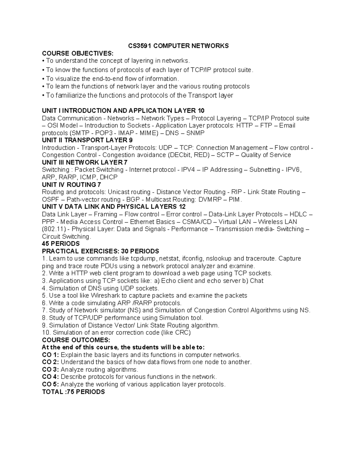 Syllabus Overview for CS3591: Computer Networks Course - Studocu