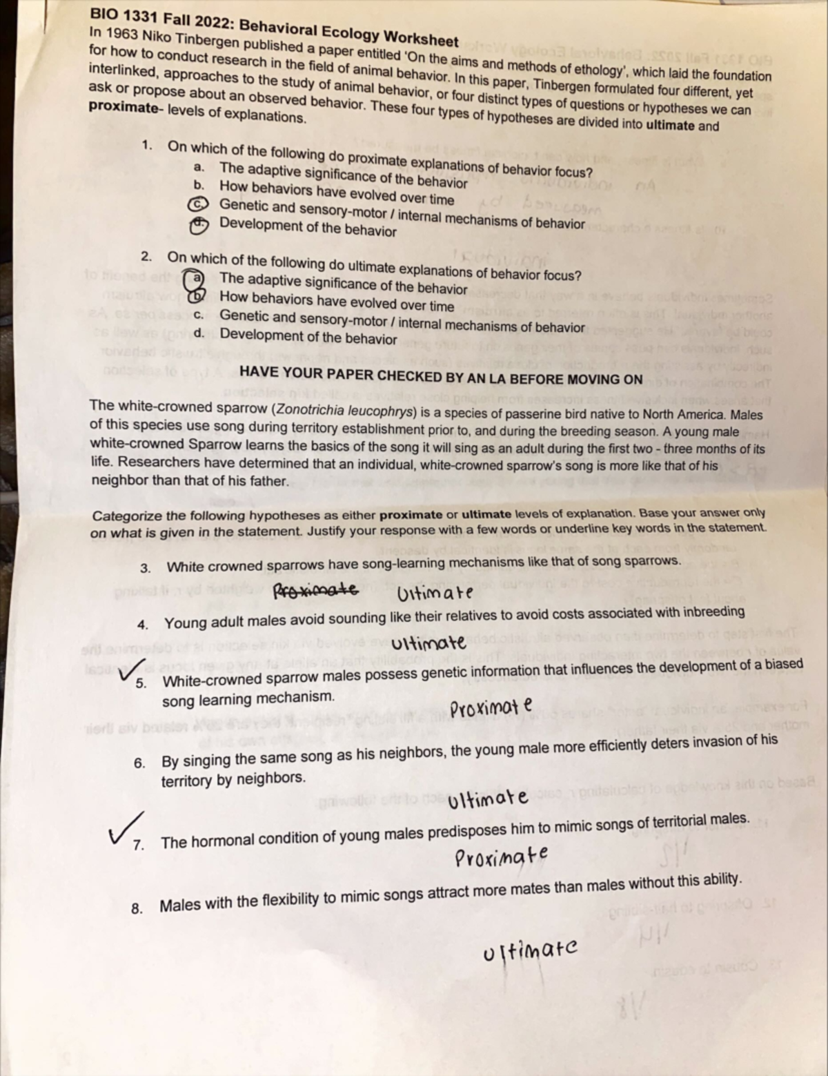 BIO 1331 Fall 2022: Behavioral Ecology Worksheet on Animal Behavior ...