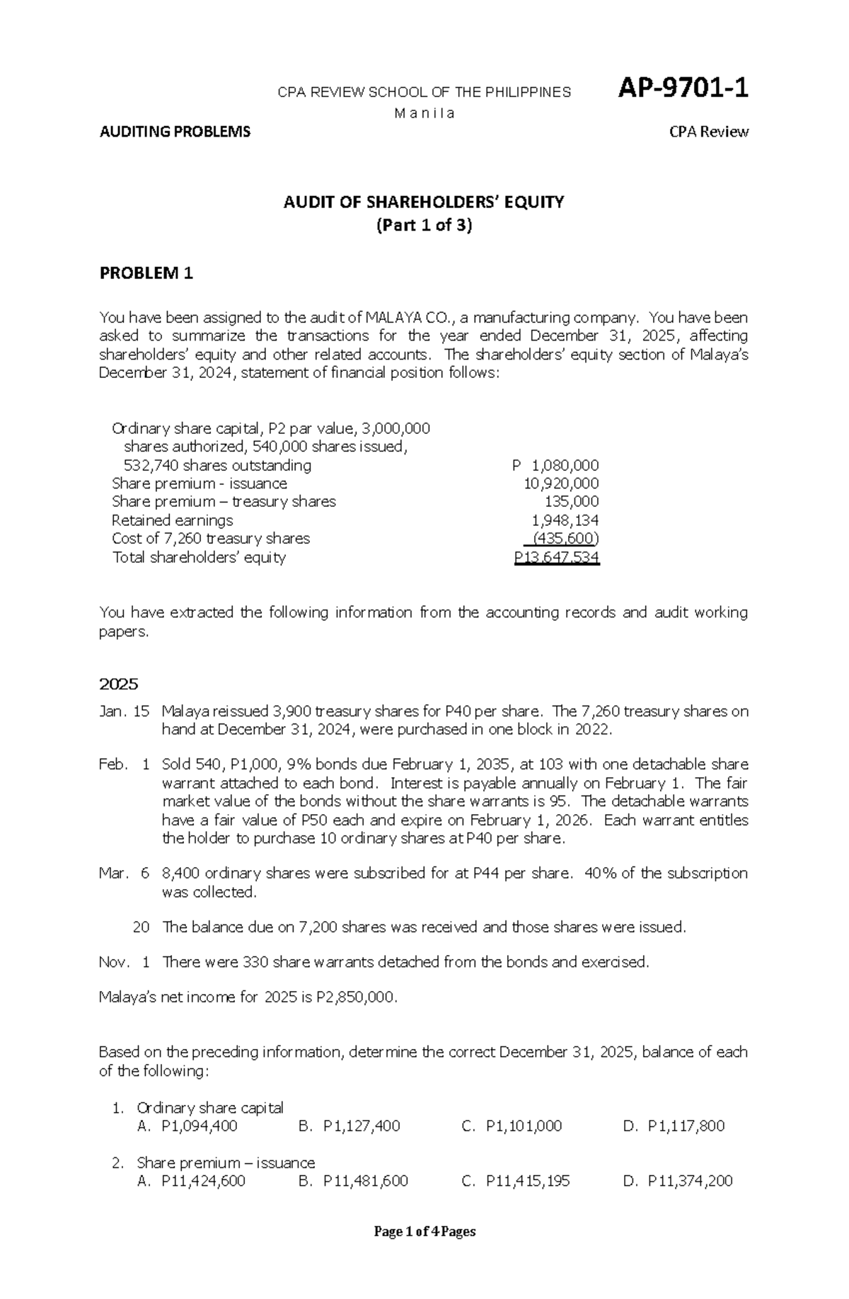 CPA REVIEW: AUDIT OF EQUITY (AP 9701-1) - PROBLEMS & SOLUTIONS - Studocu