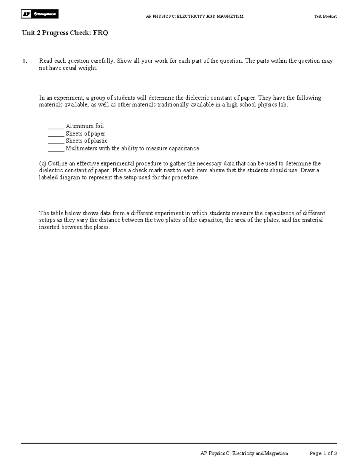 AP PHYSICS C: E&M Unit 2 Progress Check FRQ Guide - Studocu