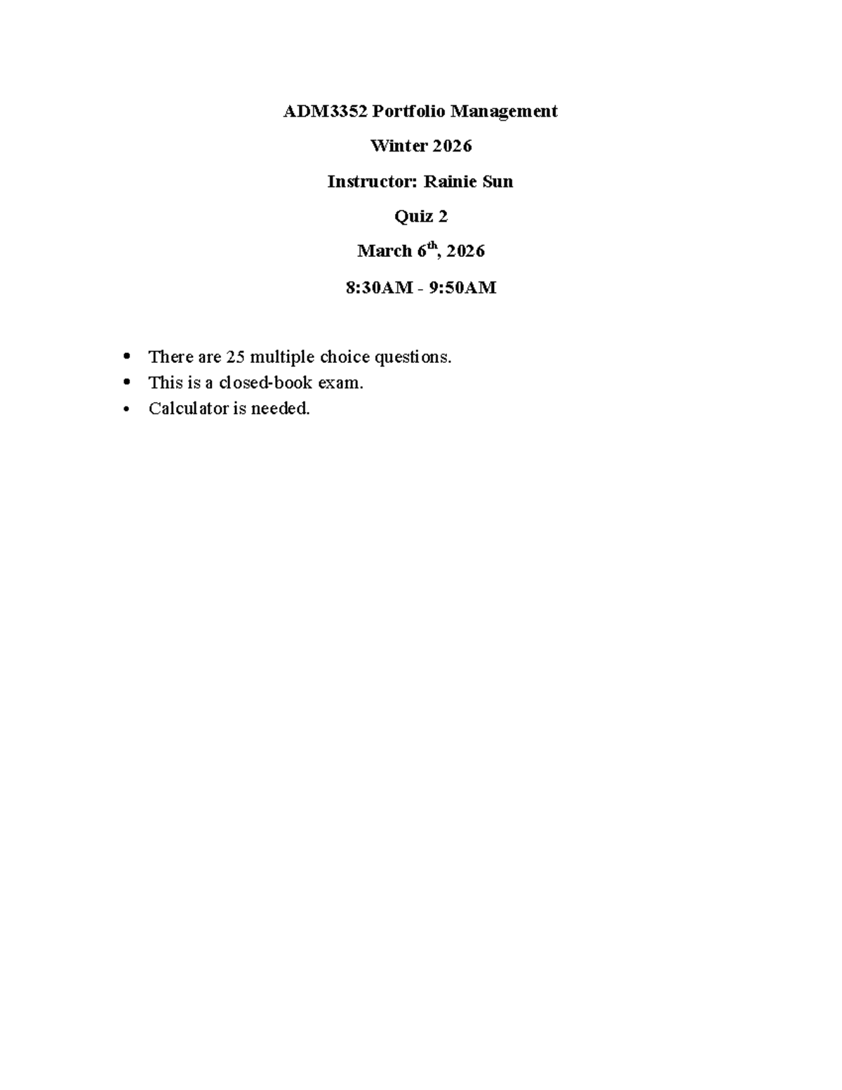 ADM3352 W26 Portfolio Management Quiz 2 Questions & Answers - Studocu