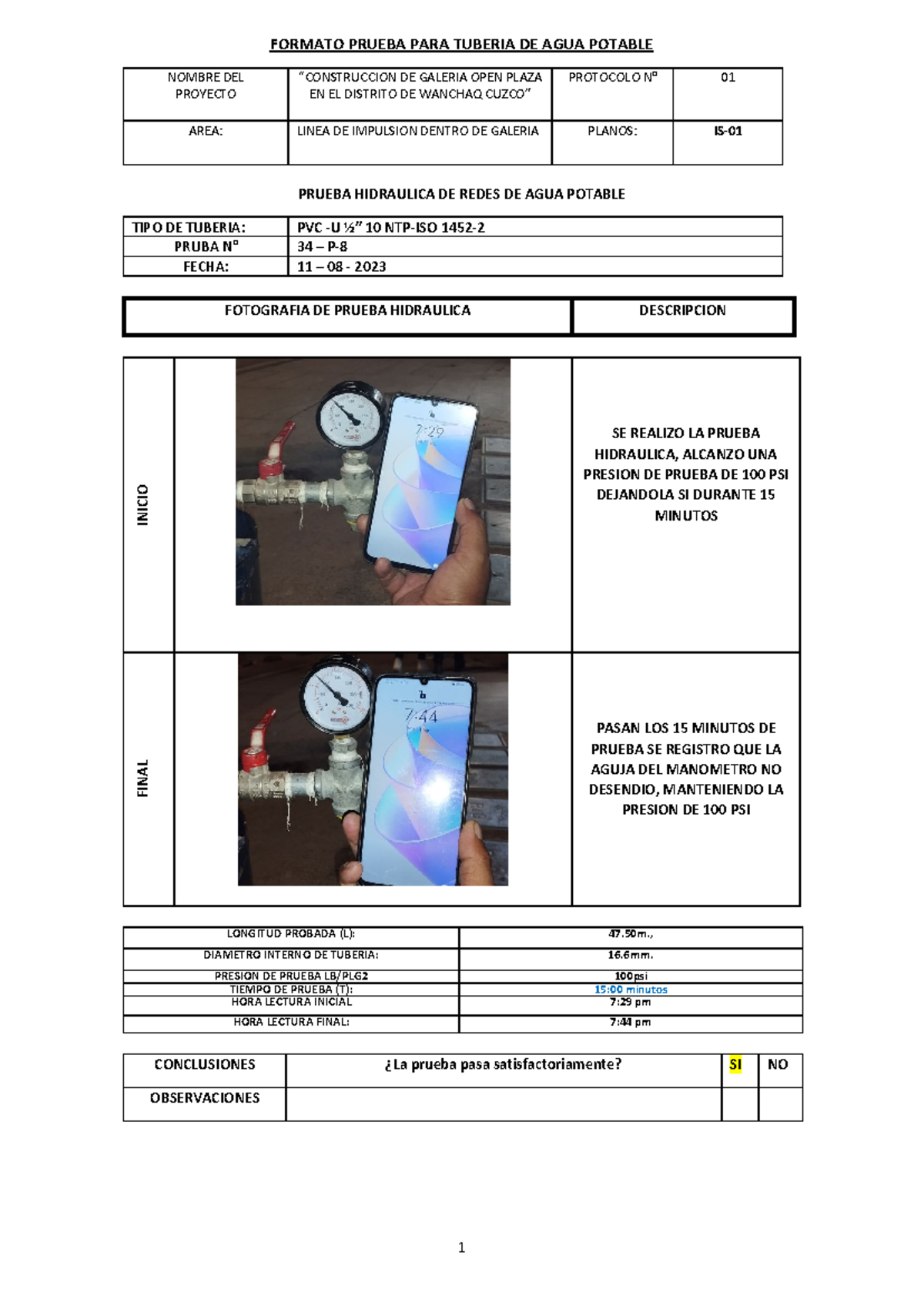 Informe de Prueba Hidráulica - Proyecto Galería Open Plaza - Protocolo N° 01 - Document Preview