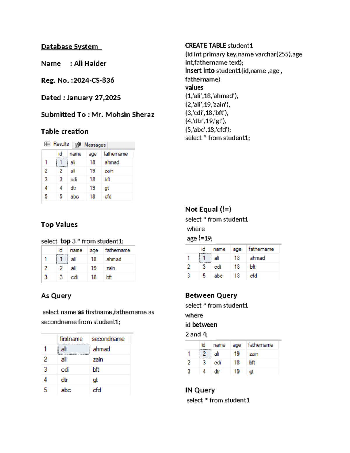 Database System Lab 2 - lab practice tasks - Database System Name : Ali ...