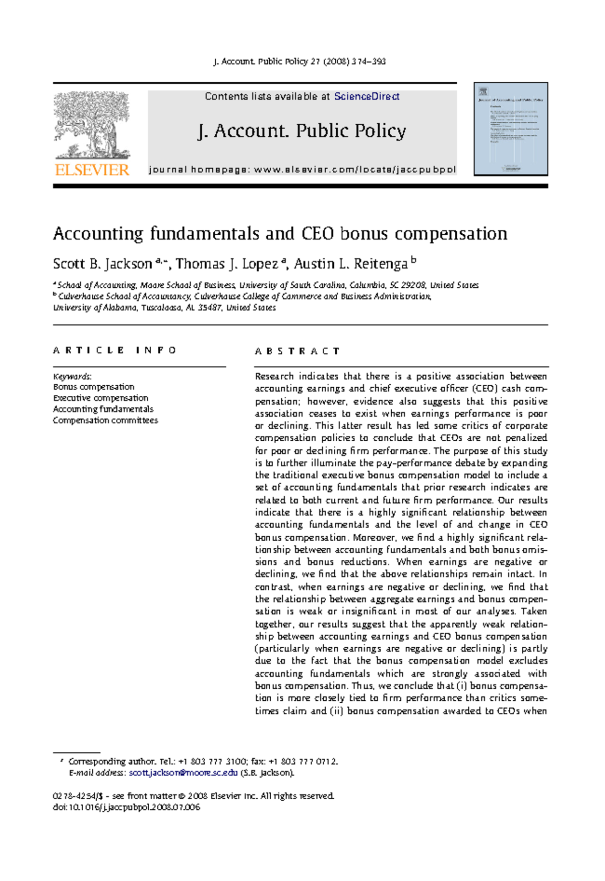 Accounting fundamentals and CEO bonus compensation - J. Account. Public ...