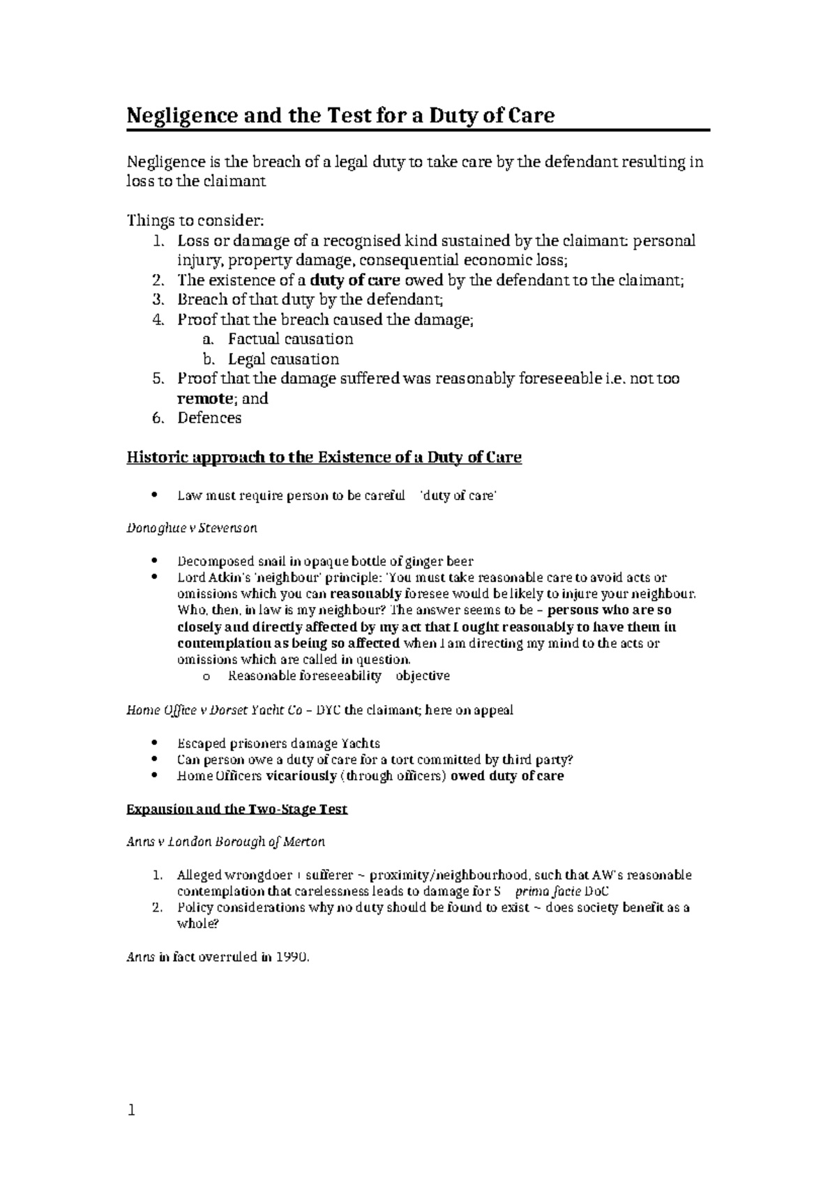 03 Negligence - Comprehensive Overview of Duty of Care Principles - Studocu