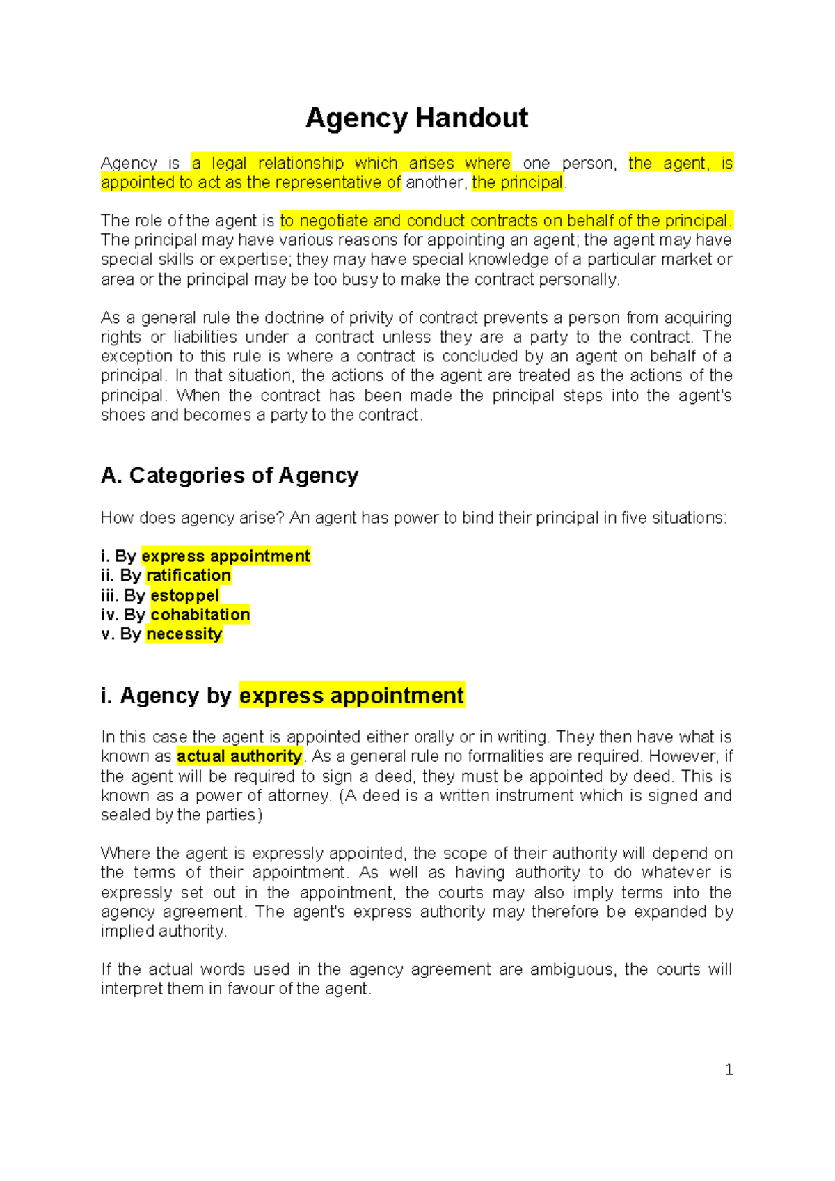 Agency Handout: Understanding Legal Relationships and Duties - Studocu