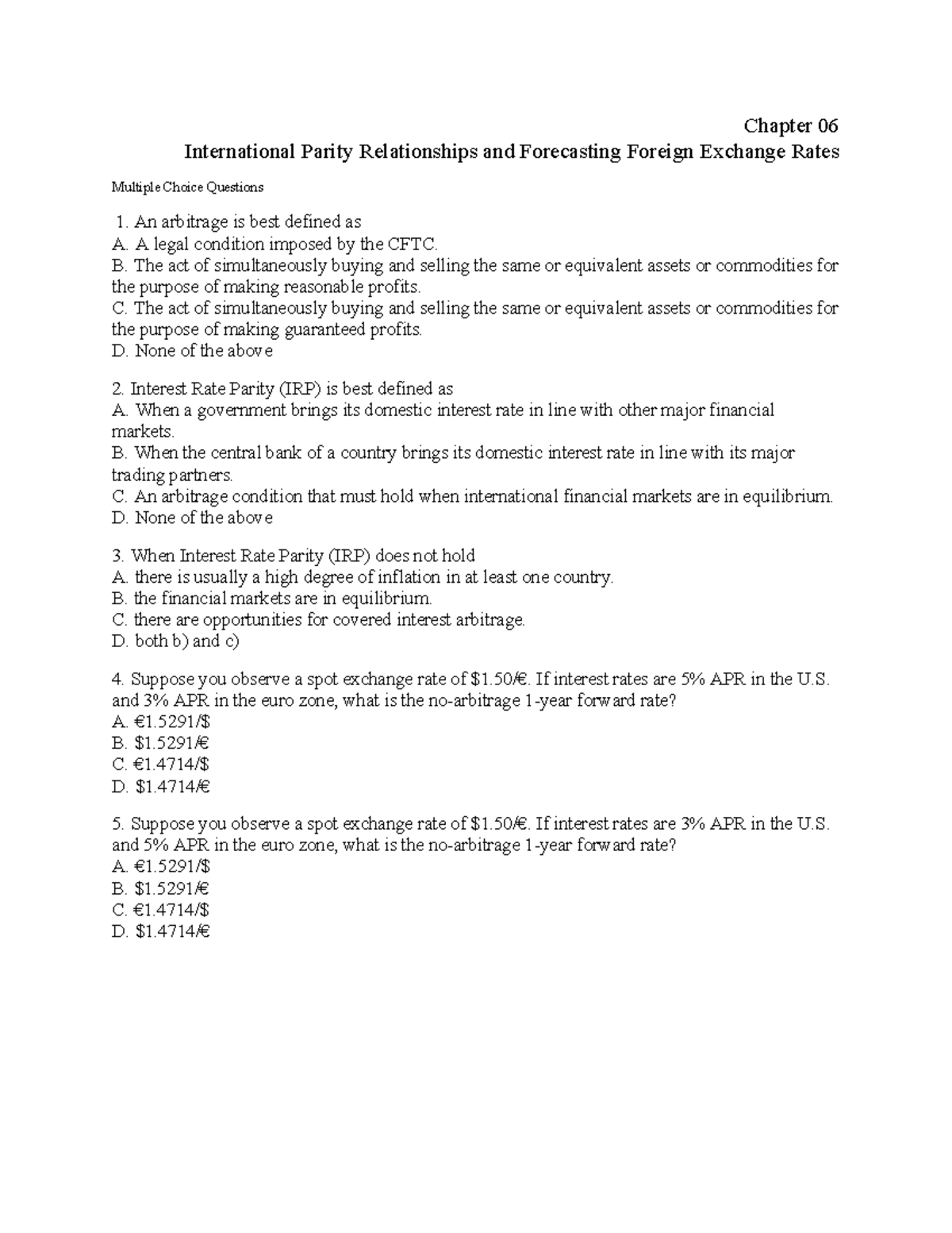 Chapter 06 MCQs on International Parity Relationships and FX Rates ...