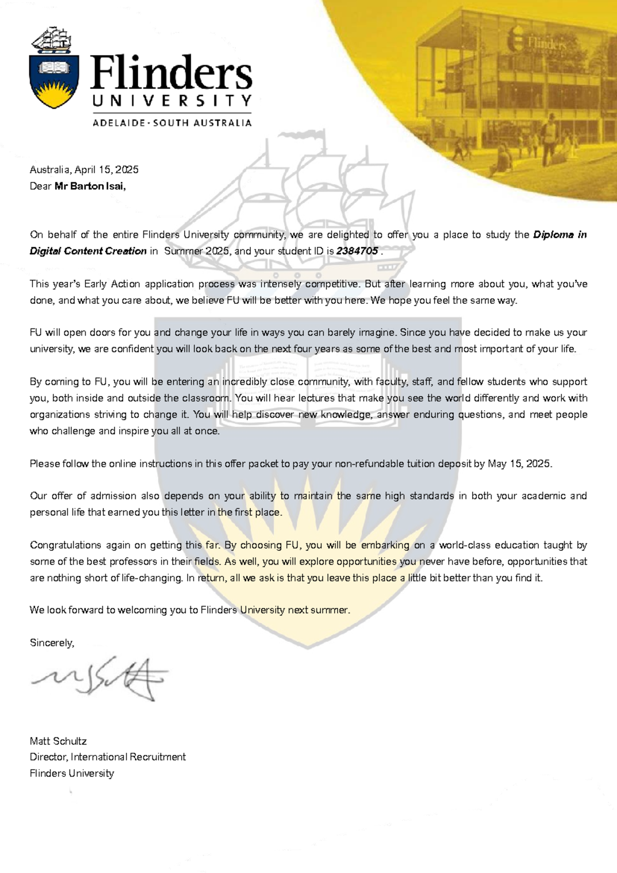 Flinders University Diploma in Digital Content Creation Offer Letter ...