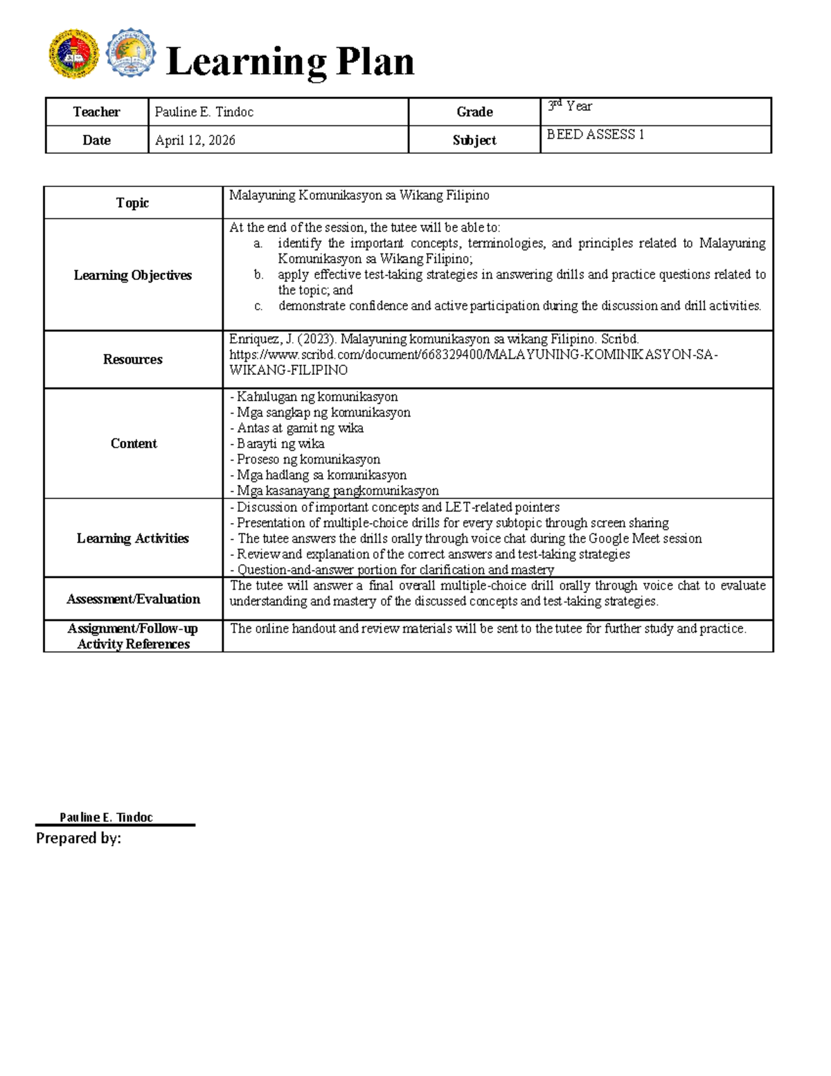 Learning Plan for BEED ASSESS 1 by Teacher Pauline E. Tindoc - Studocu