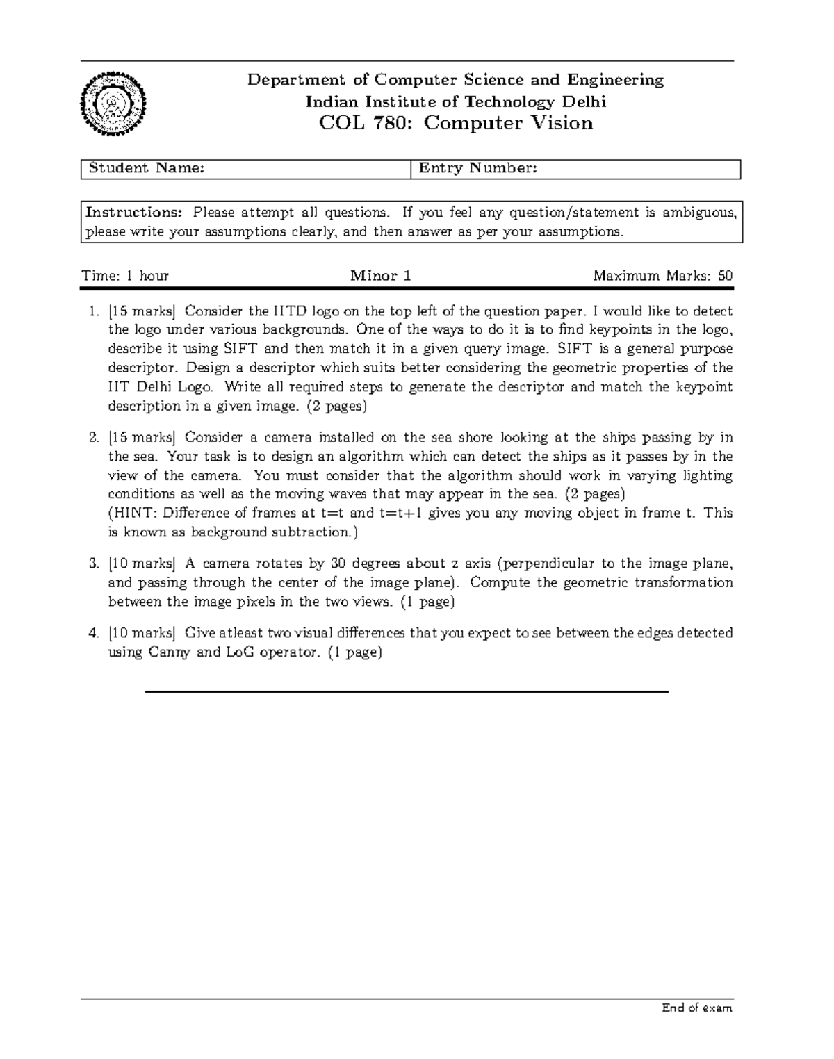 COL 780: Computer Vision Minor Exam 2020-21 Sem1 - Studocu