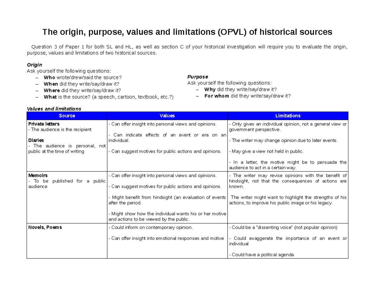 OPVL Analysis of Historical Sources for Paper 1 and Investigation - Studocu