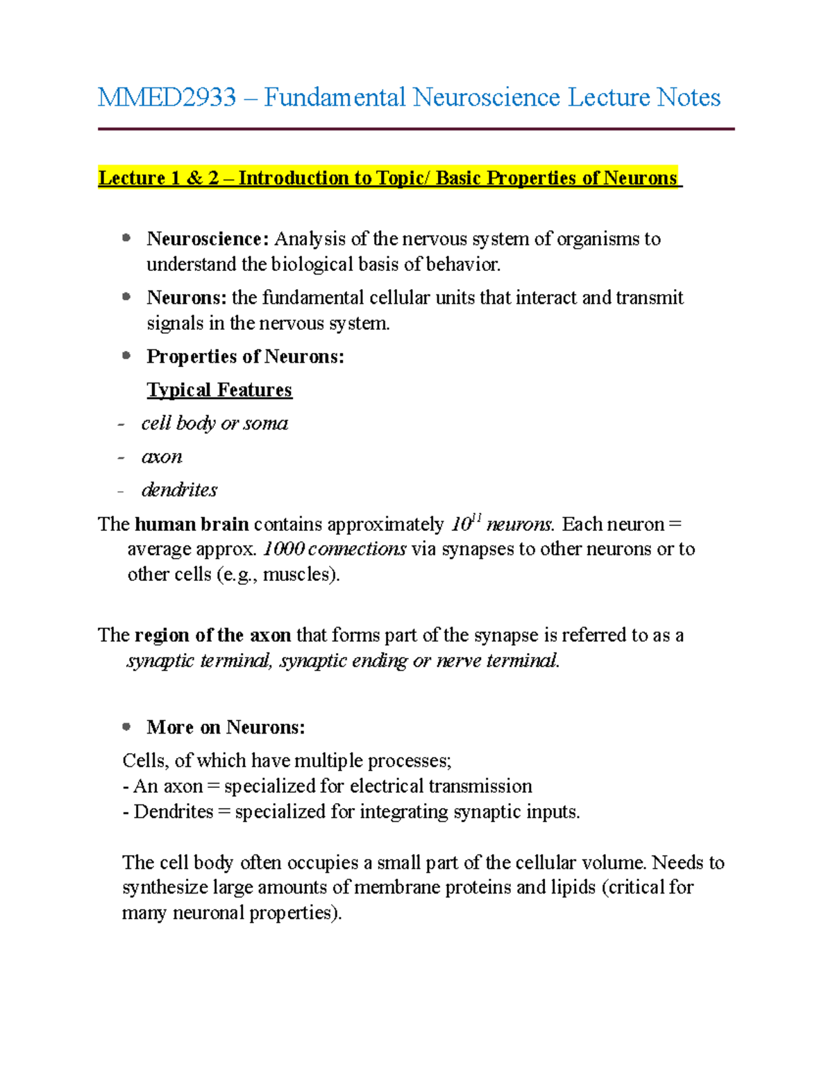 MMED2933 - Neuro Lecture Notes - MMED2933 – Fundamental Neuroscience ...
