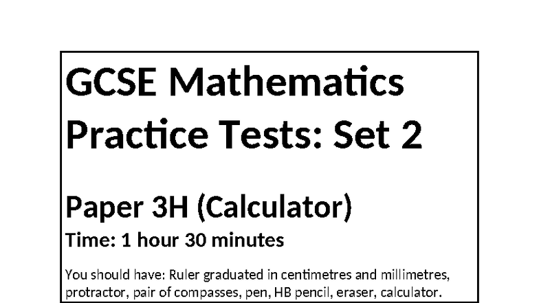 GCSE Maths Practice Test: Set 2 Paper 3H (Calculator) - Studocu