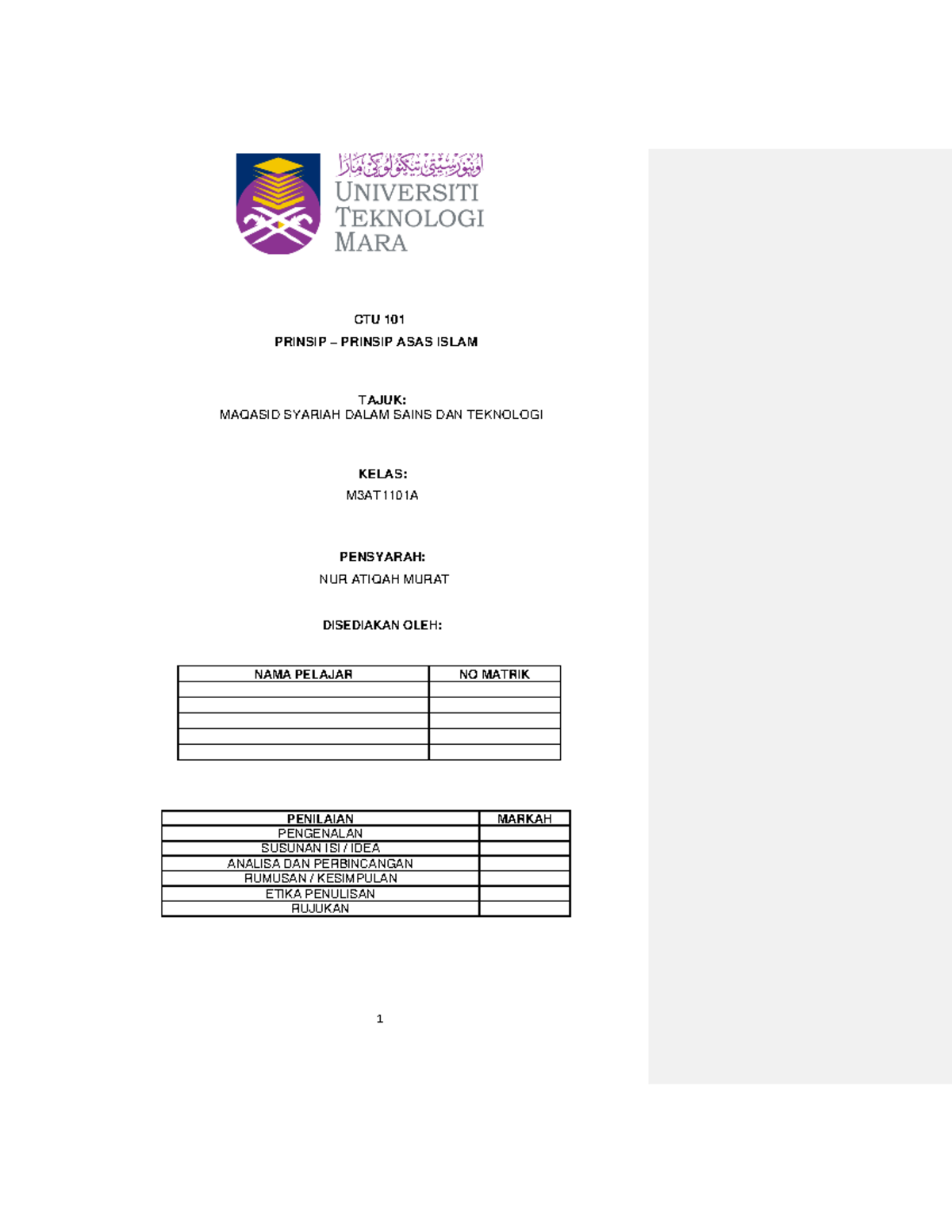 Contoh Penulisan Kertas Kerja CTU101 - CTU 101 PRINSIP – PRINSIP ASAS ...